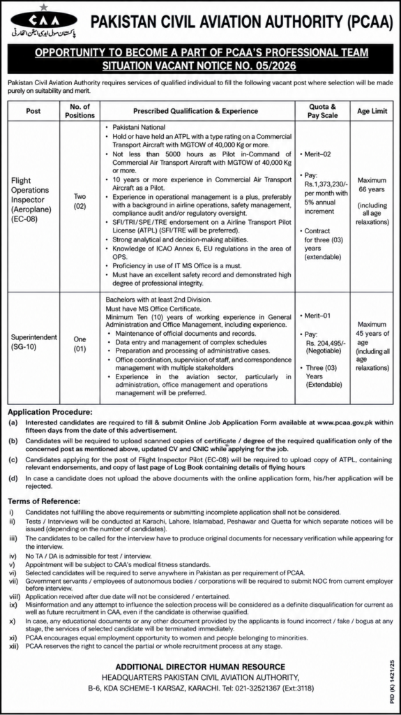 Pakistan Civil Aviation Authority PCAA Jobs 2026