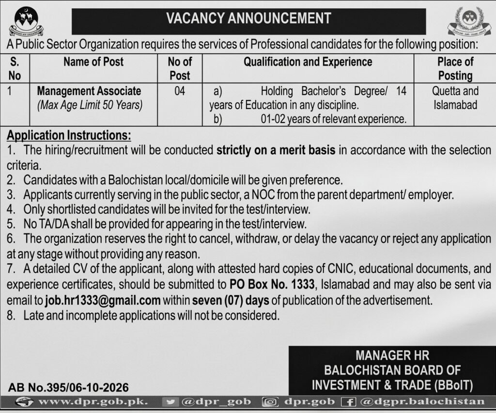Balochistan Board of Investment & Trade Jobs 2026