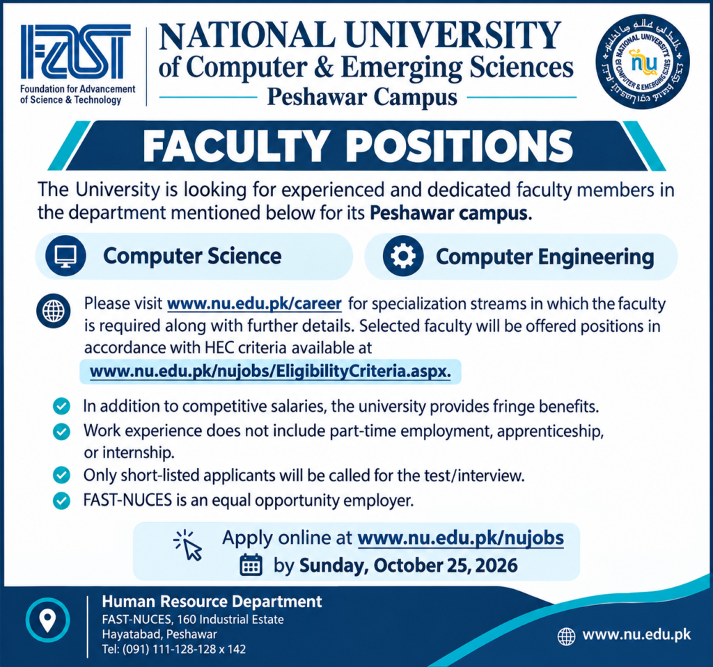 National University of Computer and Emerging Sciences NUCES Jobs 2026National University of Computer and Emerging Sciences NUCES Jobs 2026