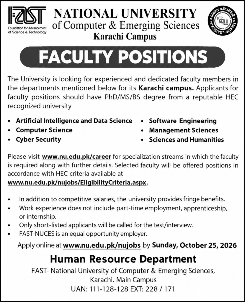 FAST-NUCES Jobs 2026 – Latest Faculty Positions in Karachi