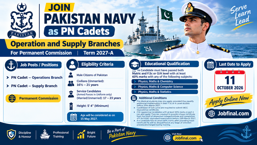 Pakistan Navy as PN Cadets Operation and Supply Branches Jobs-Term 2027(A)