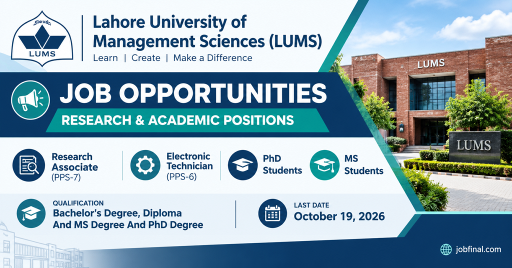 LUMS Jobs 2026 – Research Associate, Electronic Technician, PhD & MS Students