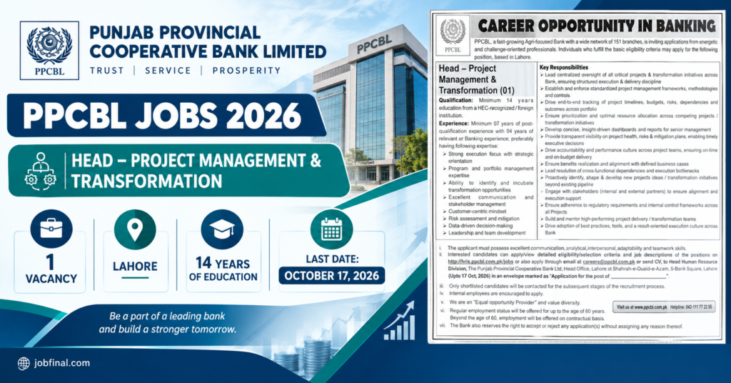 Punjab Provincial Cooperative Bank Limited PPCBL Jobs 2026